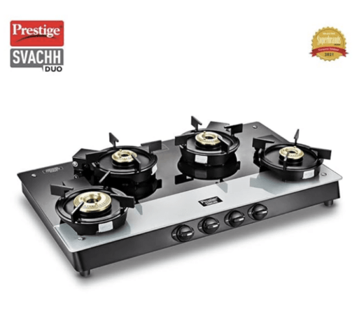 Prestige Svachh Duo GTSD 04 L Toughened Glass with Liftable 4 Burners Gas Stove, Black, Manual Ignition - Image 2